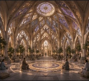 The temple interior: petal vaults over a round floor where people sit