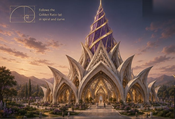 The petal-arch temple of the Sernî beneath its eight-sided golden-ratio spiral topper, at dusk