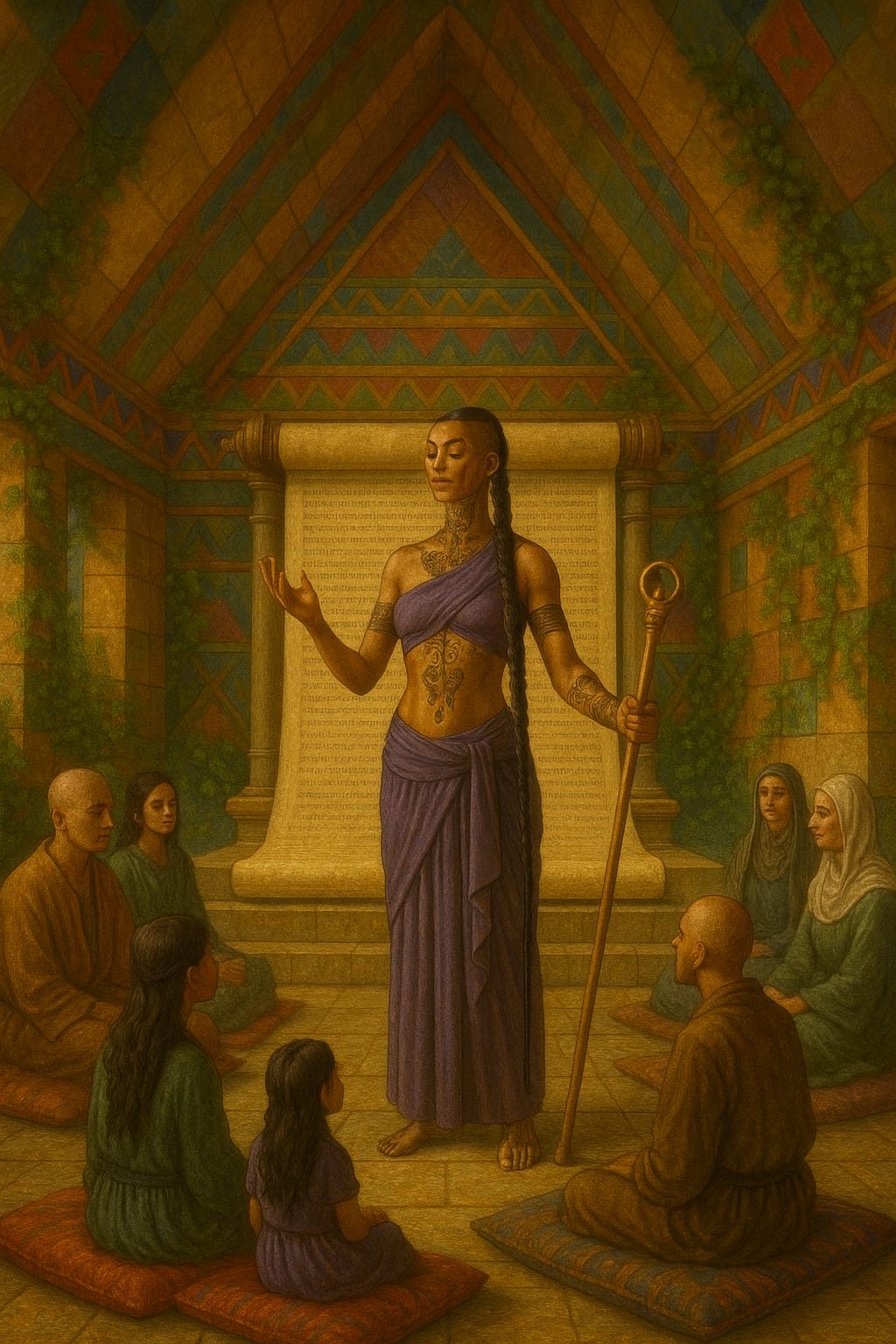 A teacher with a staff stands before a great scroll; people sit on cushions beneath a geometric ceiling